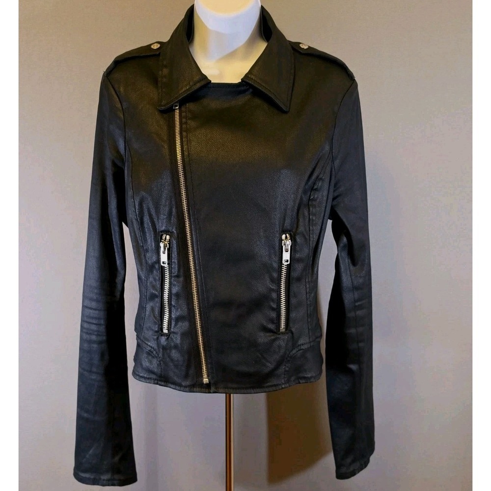 True Religion Women's Black Wax Coated Denim Moto Jacket Sz L Biker Grunge Punk - Picture 3 of 13